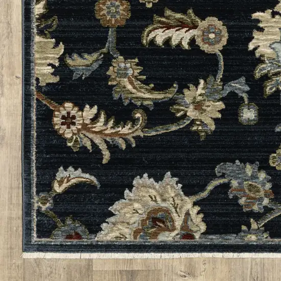 Dark Blue Tan And Green Oriental Area Rug With Fringe Photo 6