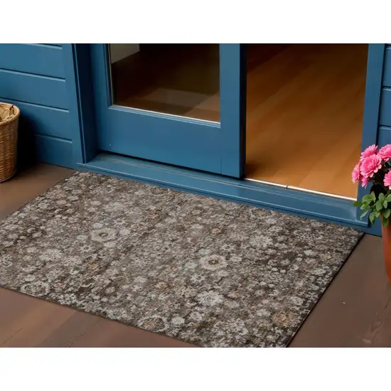 Dark Brown Brown And Taupe Oriental Washable Indoor Outdoor Area Rug Photo 1