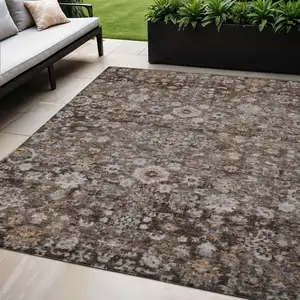 Photo of Dark Brown Brown And Taupe Oriental Washable Indoor Outdoor Area Rug