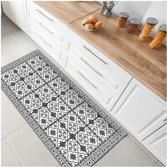 Dark Gray And White Tile Printed Vinyl Area Rug with UV Protection Photo 7