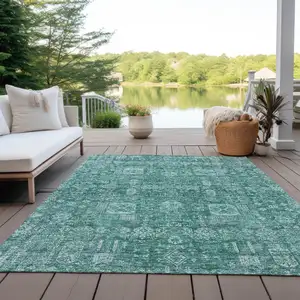 Photo of Dark Green And Aqua Oriental Washable Indoor Outdoor Area Rug