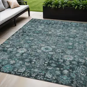 Photo of Dark Green Aqua And Charcoal Oriental Washable Indoor Outdoor Area Rug