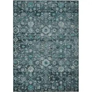 Photo of Dark Green Aqua And Charcoal Oriental Washable Indoor Outdoor Area Rug