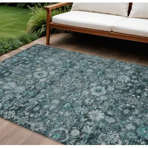 Photo of Dark Green Aqua And Charcoal Oriental Washable Indoor Outdoor Area Rug