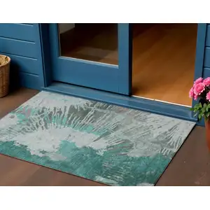 Photo of Dark Green Aqua And Gray Abstract Washable Indoor Outdoor Area Rug