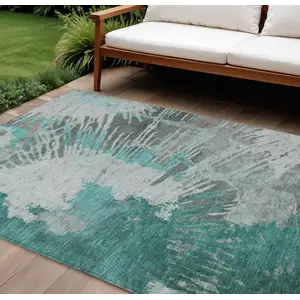 Photo of Dark Green Aqua And Gray Abstract Washable Indoor Outdoor Area Rug