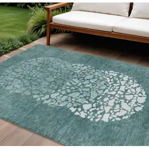 Photo of Dark Green Aqua And Ivory Abstract Washable Indoor Outdoor Area Rug