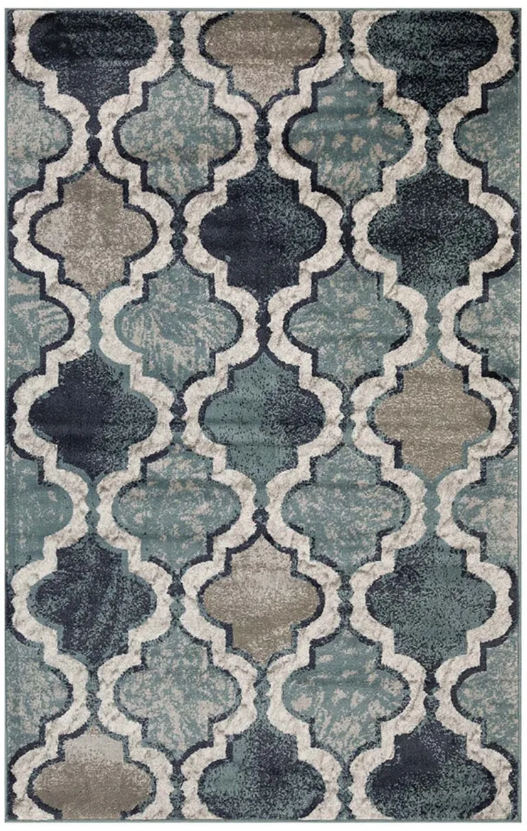 Deep Royal Quatrefoil Power Loom Distressed Stain Resistant Area Rug Photo 1