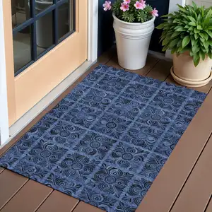 Photo of Denim Blue And Charcoal Medallion Washable Indoor Outdoor Area Rug