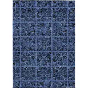 Photo of Denim Blue And Charcoal Medallion Washable Indoor Outdoor Area Rug