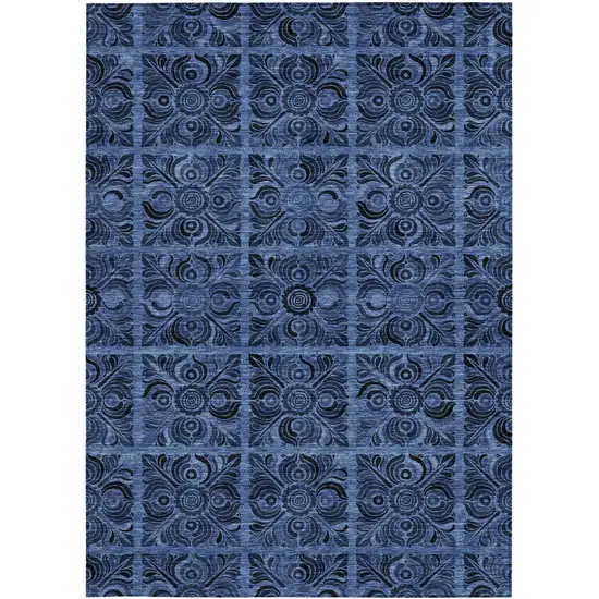 Denim Blue And Charcoal Medallion Washable Indoor Outdoor Area Rug Photo 7