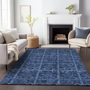 Photo of Denim Blue And Charcoal Medallion Washable Indoor Outdoor Area Rug