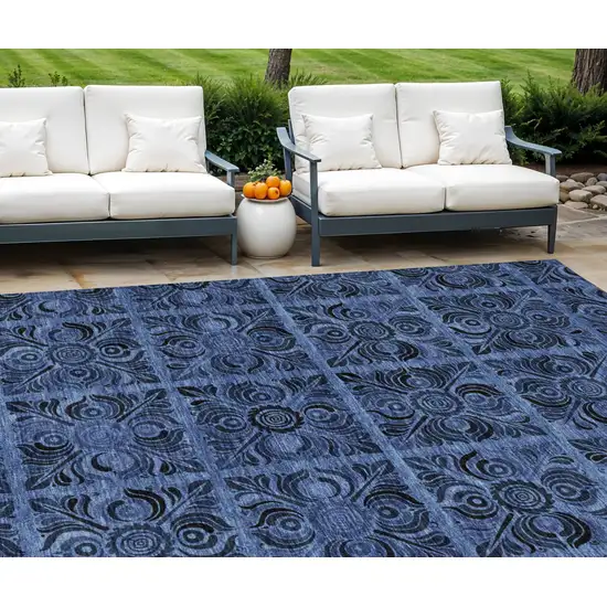 Denim Blue And Charcoal Medallion Washable Indoor Outdoor Area Rug Photo 1