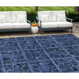 Photo of Denim Blue And Charcoal Medallion Washable Indoor Outdoor Area Rug