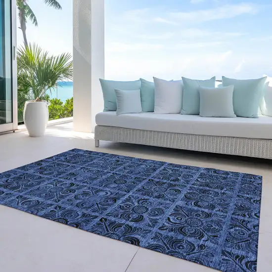 Denim Blue And Charcoal Medallion Washable Indoor Outdoor Area Rug Photo 8