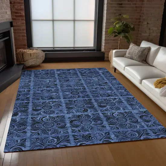 Denim Blue And Charcoal Medallion Washable Indoor Outdoor Area Rug Photo 9