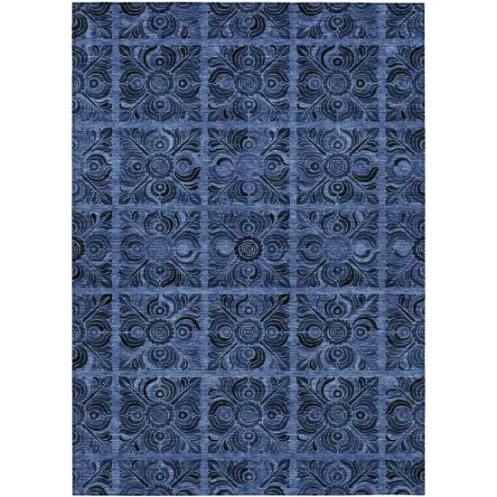 Denim Blue And Charcoal Medallion Washable Indoor Outdoor Area Rug Photo 2