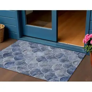 Photo of Denim Blue And Gray Abstract Washable Indoor Outdoor Area Rug