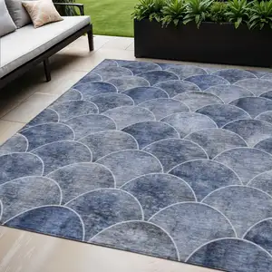 Photo of Denim Blue And Gray Abstract Washable Indoor Outdoor Area Rug