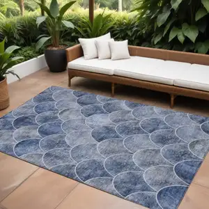 Photo of Denim Blue And Gray Abstract Washable Indoor Outdoor Area Rug