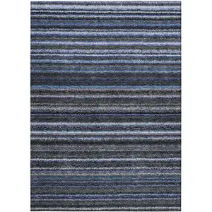 Photo of Denim Blue And Gray Striped Washable Indoor Outdoor Area Rug