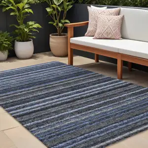 Photo of Denim Blue And Gray Striped Washable Indoor Outdoor Area Rug