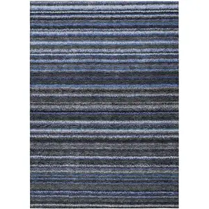 Photo of Denim Blue And Gray Striped Washable Indoor Outdoor Area Rug