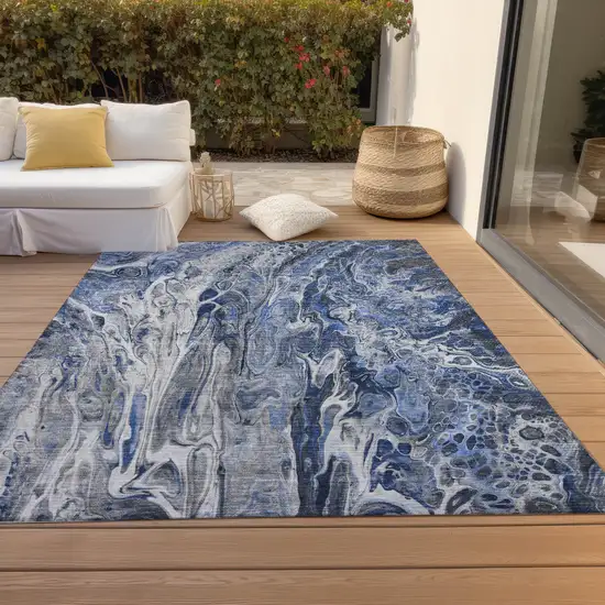 Denim Blue And Navy Blue Abstract Washable Indoor Outdoor Area Rug Photo 7