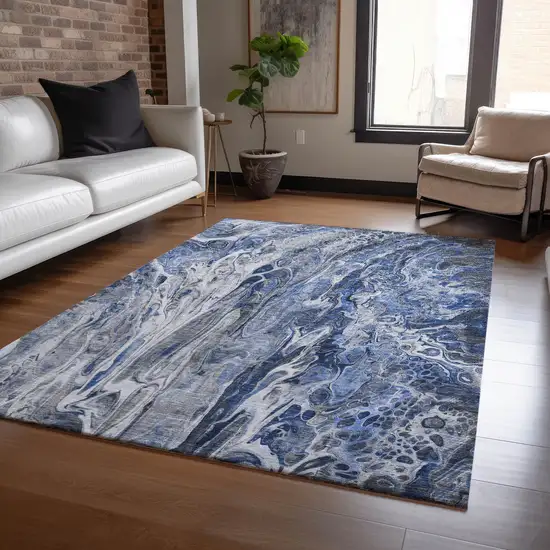 Denim Blue And Navy Blue Abstract Washable Indoor Outdoor Area Rug Photo 8