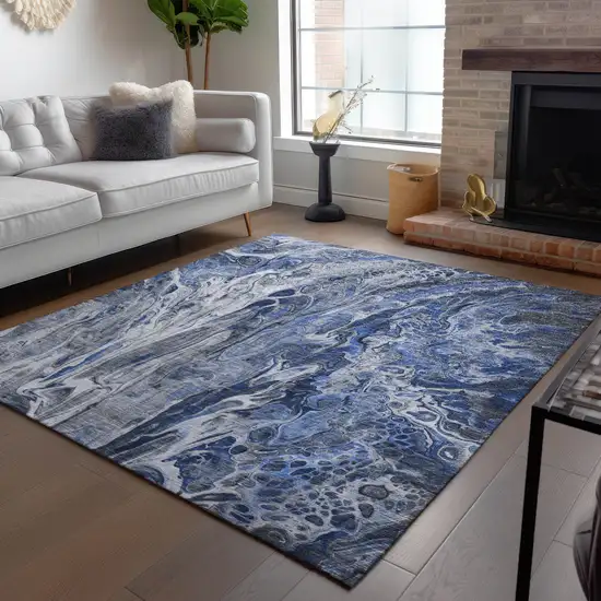 Denim Blue And Navy Blue Abstract Washable Indoor Outdoor Area Rug Photo 9