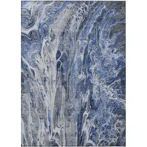 Photo of Denim Blue And Navy Blue Abstract Washable Indoor Outdoor Area Rug