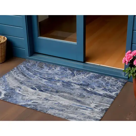 Denim Blue And Navy Blue Abstract Washable Indoor Outdoor Area Rug Photo 1