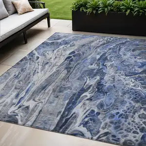 Photo of Denim Blue And Navy Blue Abstract Washable Indoor Outdoor Area Rug