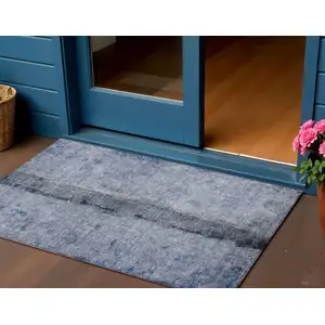 Photo of Denim Blue And Navy Blue Abstract Washable Indoor Outdoor Area Rug