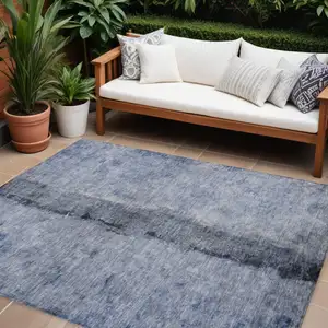 Photo of Denim Blue And Navy Blue Abstract Washable Indoor Outdoor Area Rug