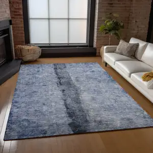 Photo of Denim Blue And Navy Blue Abstract Washable Indoor Outdoor Area Rug