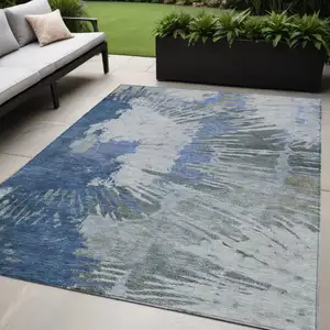 Photo of Denim Blue And Navy Blue Abstract Washable Indoor Outdoor Area Rug