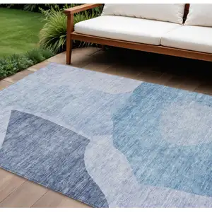 Photo of Denim Blue And Navy Blue Abstract Washable Indoor Outdoor Area Rug