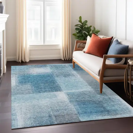 Denim Blue And Navy Blue Abstract Washable Indoor Outdoor Area Rug Photo 8