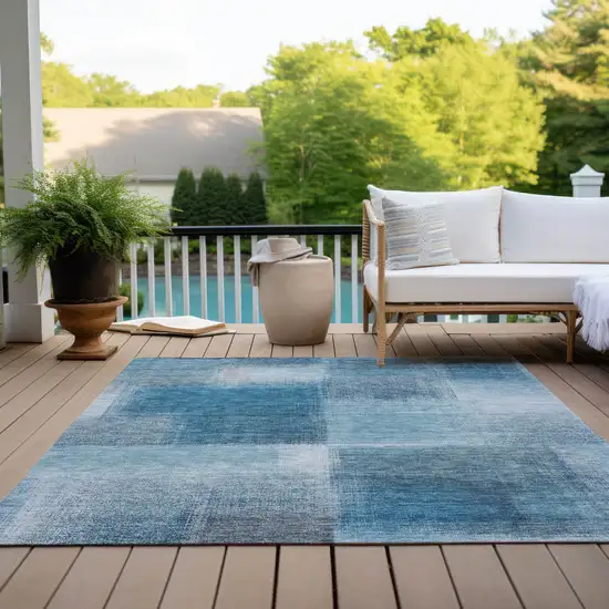 Denim Blue And Navy Blue Abstract Washable Indoor Outdoor Area Rug Photo 9