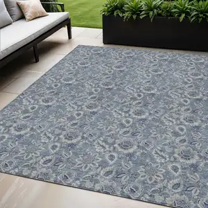 Photo of Denim Blue And Navy Blue Floral Washable Indoor Outdoor Area Rug