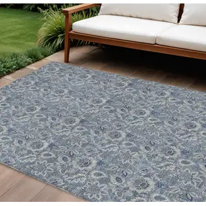 Photo of Denim Blue And Navy Blue Floral Washable Indoor Outdoor Area Rug