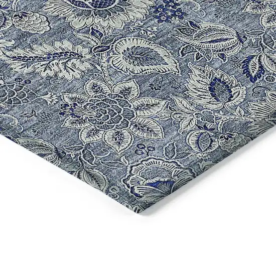 Denim Blue And Navy Blue Floral Washable Indoor Outdoor Area Rug Photo 4