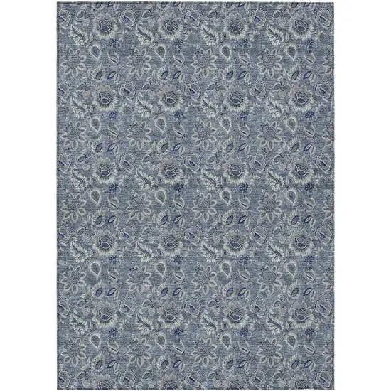 Denim Blue And Navy Blue Floral Washable Indoor Outdoor Area Rug Photo 2