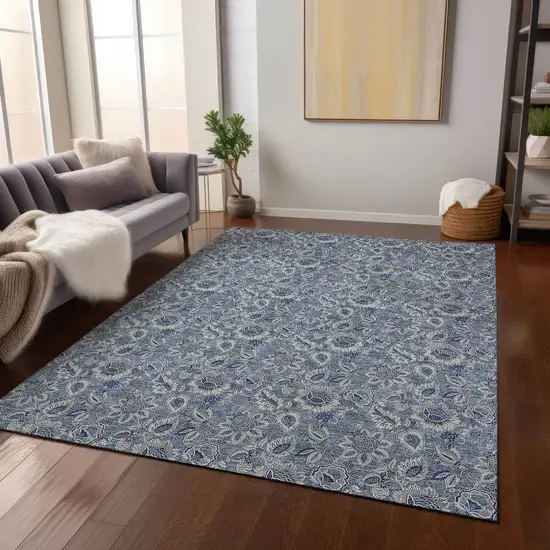 Denim Blue And Navy Blue Floral Washable Indoor Outdoor Area Rug Photo 8