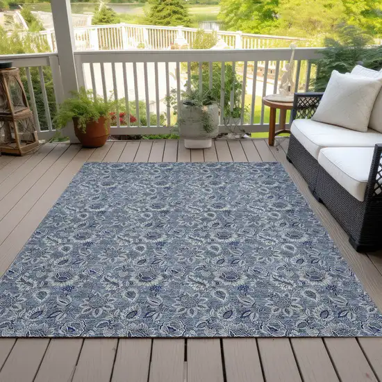 Denim Blue And Navy Blue Floral Washable Indoor Outdoor Area Rug Photo 7