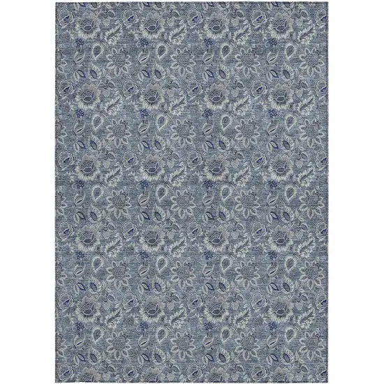 Denim Blue And Navy Blue Floral Washable Indoor Outdoor Area Rug Photo 6