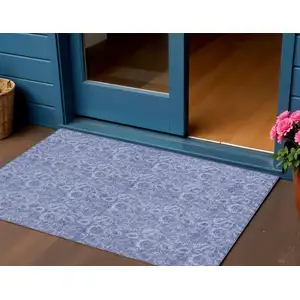 Photo of Denim Blue And Navy Blue Floral Washable Indoor Outdoor Area Rug