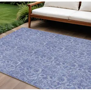 Photo of Denim Blue And Navy Blue Floral Washable Indoor Outdoor Area Rug