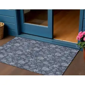 Photo of Denim Blue And Navy Blue Floral Washable Indoor Outdoor Area Rug